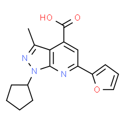 ChemSpider 2D Image | 1-cyclopentyl-6-(furan-2-yl)-3-methylpyrazolo[3,4-b]pyridine-4-carboxylic acid | C17H17N3O3