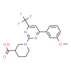 ChemSpider 2D Image | 1-[4-(3-Methoxyphenyl)-6-(trifluoromethyl)-2-pyrimidinyl]-3-piperidinecarboxylic acid | C18H18F3N3O3