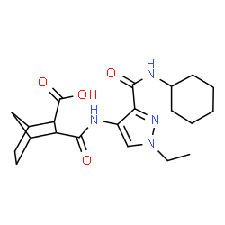ChemSpider 2D Image | 3-{[3-(Cyclohexylcarbamoyl)-1-ethyl-1H-pyrazol-4-yl]carbamoyl}bicyclo[2.2.1]heptane-2-carboxylic acid | C21H30N4O4