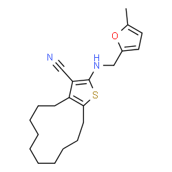ChemSpider 2D Image | 2-{[(5-Methyl-2-furyl)methyl]amino}-4,5,6,7,8,9,10,11,12,13-decahydrocyclododeca[b]thiophene-3-carbonitrile | C21H28N2OS