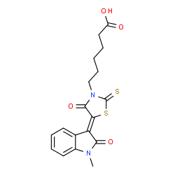 ChemSpider 2D Image | 6-[(5Z)-5-(1-Methyl-2-oxo-1,2-dihydro-3H-indol-3-ylidene)-4-oxo-2-thioxo-1,3-thiazolidin-3-yl]hexanoic acid | C18H18N2O4S2