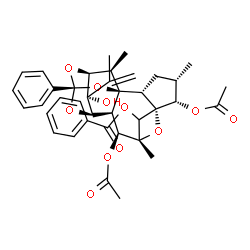 ChemSpider 2D Image | (1R,2S,4S,5S,6R,8R,9S,10R,11R,13S,15S,16R,18S)-5,9-Diacetoxy-18-hydroxy-18-isopropenyl-4,8,16-trimethyl-13-phenyl-7,12,14,17-tetraoxahexacyclo[11.3.1.1~6,8~.1~11,15~.0~1,10~.0~2,6~]nonadec-19-yl benzo
ate | C38H42O11