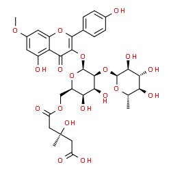 ChemSpider 2D Image | 5-Hydroxy-2-(4-hydroxyphenyl)-7-methoxy-4-oxo-4H-chromen-3-yl 6-O-[(3S)-4-carboxy-3-hydroxy-3-methylbutanoyl]-2-O-(6-deoxy-alpha-L-glucopyranosyl)-beta-D-talopyranoside | C34H40O19