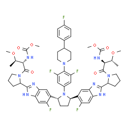 ChemSpider 2D Image | Methyl [(2S,3R)-1-(2-{5-[(2R,5R)-1-{3,5-difluoro-4-[4-(4-fluorophenyl)-1-piperidinyl]phenyl}-5-(6-fluoro-2-{1-[N-(methoxycarbonyl)-O-methyl-L-threonyl]-2-pyrrolidinyl}-1H-benzimidazol-5-yl)-2-pyrrolid
inyl]-6-fluoro-1H-benzimidazol-2-yl}-1-pyrrolidinyl)-3-methoxy-1-oxo-2-butanyl]carbamate | C57H65F5N10O8