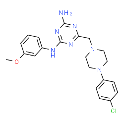 ChemSpider 2D Image | 6-{[4-(4-Chlorophenyl)-1-piperazinyl]methyl}-N-(3-methoxyphenyl)-1,3,5-triazine-2,4-diamine | C21H24ClN7O