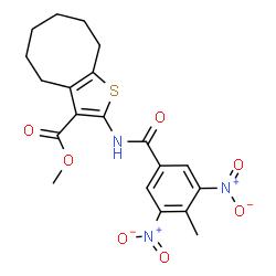 ChemSpider 2D Image | Methyl 2-[(4-methyl-3,5-dinitrobenzoyl)amino]-4,5,6,7,8,9-hexahydrocycloocta[b]thiophene-3-carboxylate | C20H21N3O7S