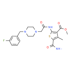 ChemSpider 2D Image | Methyl 5-carbamoyl-2-({[4-(3-fluorobenzyl)-1-piperazinyl]acetyl}amino)-4-methyl-3-thiophenecarboxylate | C21H25FN4O4S