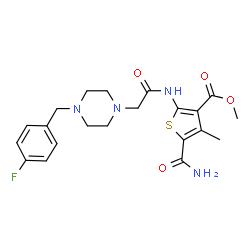 ChemSpider 2D Image | Methyl 5-carbamoyl-2-({[4-(4-fluorobenzyl)-1-piperazinyl]acetyl}amino)-4-methyl-3-thiophenecarboxylate | C21H25FN4O4S