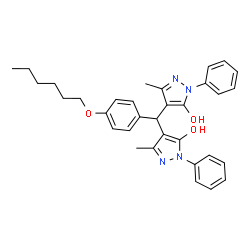 ChemSpider 2D Image | 4,4'-{[4-(Hexyloxy)phenyl]methylene}bis(3-methyl-1-phenyl-1H-pyrazol-5-ol) | C33H36N4O3