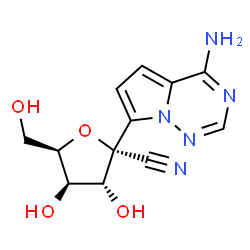 ChemSpider 2D Image | (2R,3R,4R,5R)-2-(4-Aminopyrrolo[2,1-f][1,2,4]triazin-7-yl)-3,4-dihydroxy-5-(hydroxymethyl)tetrahydro-2-furancarbonitrile (non-preferred name) | C12H13N5O4