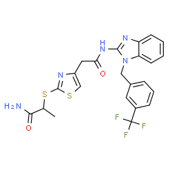 ChemSpider 2D Image | 2-({4-[2-Oxo-2-({1-[3-(trifluoromethyl)benzyl]-1H-benzimidazol-2-yl}amino)ethyl]-1,3-thiazol-2-yl}sulfanyl)propanamide | C23H20F3N5O2S2