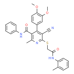 ChemSpider 2D Image | 5-Cyano-4-(3,4-dimethoxyphenyl)-2-methyl-6-({2-[(2-methylphenyl)amino]-2-oxoethyl}sulfanyl)-N-phenylnicotinamide | C31H28N4O4S