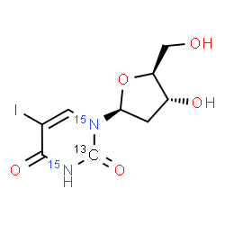 ChemSpider 2D Image | 1-(2-Deoxy-beta-L-erythro-pentofuranosyl)-5-iodo-2,4(1H,3H)-(2-~13~C,~15~N_2_)pyrimidinedione | C813CH11I15N2O5