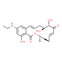 ChemSpider 2D Image | (4R,5E,8S,9S,11E)-14-(Ethylamino)-8,9,16-trihydroxy-3,4-dimethyl-3,4,9,10-tetrahydro-1H-2-benzoxacyclotetradecine-1,7(8H)-dione | C21H27NO6