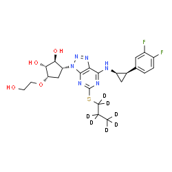 ChemSpider 2D Image | (1R,2S,3R,5S)-3-(7-{[(1R,2R)-2-(3,4-Difluorophenyl)cyclopropyl]amino}-5-[(~2~H_7_)propylsulfanyl]-3H-[1,2,3]triazolo[4,5-d]pyrimidin-3-yl)-5-(2-hydroxyethoxy)-1,2-cyclopentanediol | C23H21D7F2N6O4S