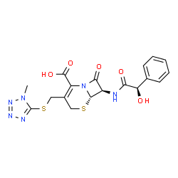 ChemSpider 2D Image | (6S,7R)-7-{[(2R)-2-Hydroxy-2-phenylacetyl]amino}-3-{[(1-methyl-1H-tetrazol-5-yl)sulfanyl]methyl}-8-oxo-5-thia-1-azabicyclo[4.2.0]oct-2-ene-2-carboxylic acid | C18H18N6O5S2