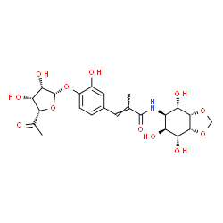 ChemSpider 2D Image | (2E)-3-{4-[(6-Deoxy-beta-D-lyxo-hexofuranosyl-5-ulose)oxy]-3-hydroxyphenyl}-2-methyl-N-[(3aS,4S,5R,6S,7R,7aR)-4,6,7-trihydroxyhexahydro-1,3-benzodioxol-5-yl]acrylamide | C23H29NO12