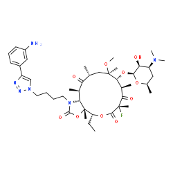ChemSpider 2D Image | (3aR,4R,7S,9R,10R,11R,13R,15R,15aR)-1-{4-[4-(3-Aminophenyl)-1H-1,2,3-triazol-1-yl]butyl}-4-ethyl-7-fluoro-11-methoxy-3a,7,9,11,13,15-hexamethyl-2,6,8,14-tetraoxotetradecahydro-2H-oxacyclotetradecino[4
,3-d][1,3]oxazol-10-yl 3,4,6-trideoxy-3-(dimethylamino)-beta-D-lyxo-hexopyranoside | C43H65FN6O10