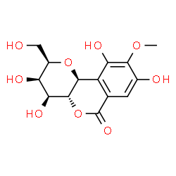 ChemSpider 2D Image | (2R,3R,4S,4aR,10bS)-3,4,8,10-Tetrahydroxy-2-(hydroxymethyl)-9-methoxy-3,4,4a,10b-tetrahydropyrano[3,2-c]isochromen-6(2H)-one | C14H16O9