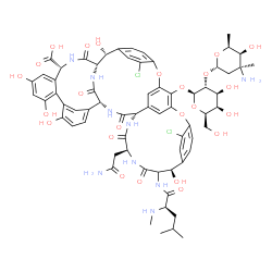 ChemSpider 2D Image | (1S,2R,18R,22S,25S,28R,40R)-22-(2-Amino-2-oxoethyl)-48-{[2-O-(3-amino-2,3,6-trideoxy-3-methyl-alpha-L-lyxo-hexopyranosyl)-beta-D-galactopyranosyl]oxy}-5,15-dichloro-2,18,32,35,37-pentahydroxy-19-[(N-m
ethyl-D-leucyl)amino]-20,23,26,42,44-pentaoxo-7,13-dioxa-21,24,27,41,43-pentaazaoctacyclo[26.14.2.2~3,6~.2~14,17~.1~8,12~.1~29,33~.0~10,25~.0~34,39~]pentaconta-3,5,8(48),9,11,14,16,29(45),30,32,34,36,
38,46,49-pentadecaene-40-carboxylic acid | C66H75Cl2N9O24