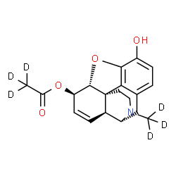 ChemSpider 2D Image | (5alpha,6beta,13alpha,14alpha)-3-Hydroxy-17-(~2~H_3_)methyl-7,8-didehydro-4,5-epoxymorphinan-6-yl (~2~H_3_)acetate | C19H15D6NO4
