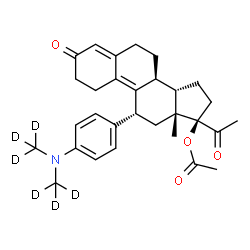 ChemSpider 2D Image | (11beta,13alpha)-11-(4-{Bis[(~2~H_3_)methyl]amino}phenyl)-3,20-dioxo-19-norpregna-4,9-dien-17-yl acetate | C30H31D6NO4