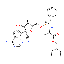 ChemSpider 2D Image | 2-Ethylbutyl (2S)-2-{[{[(2R,3R,4R,5R)-5-(4-aminopyrrolo[2,1-f][1,2,4]triazin-7-yl)-5-cyano-3,4-dihydroxytetrahydro-2-furanyl]methoxy}(phenoxy)phosphoryl]amino}propanoate (non-preferred name) | C27H35N6O8P