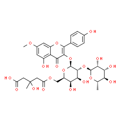 ChemSpider 2D Image | 5-Hydroxy-2-(4-hydroxyphenyl)-7-methoxy-4-oxo-4H-chromen-3-yl 6-O-(4-carboxy-3-hydroxy-3-methylbutanoyl)-2-O-(6-deoxy-alpha-L-mannopyranosyl)-beta-D-galactopyranoside | C34H40O19