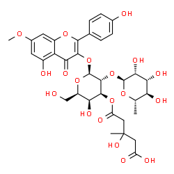 ChemSpider 2D Image | 5-Hydroxy-2-(4-hydroxyphenyl)-7-methoxy-4-oxo-4H-chromen-3-yl 3-O-(4-carboxy-3-hydroxy-3-methylbutanoyl)-2-O-(6-deoxy-alpha-L-mannopyranosyl)-beta-D-galactopyranoside | C34H40O19