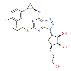 ChemSpider 2D Image | (1R,2R,3S,5S)-3-[7-{[(1R,2S)-2-(3,4-Difluorophenyl)cyclopropyl]amino}-5-(propylsulfanyl)-3H-[1,2,3]triazolo[4,5-d]pyrimidin-3-yl]-5-(2-hydroxyethoxy)-1,2-cyclopentanediol | C23H28F2N6O4S