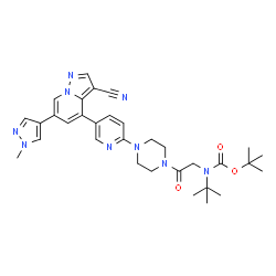 ChemSpider 2D Image | 2-Methyl-2-propanyl [2-(4-{5-[3-cyano-6-(1-methyl-1H-pyrazol-4-yl)pyrazolo[1,5-a]pyridin-4-yl]-2-pyridinyl}-1-piperazinyl)-2-oxoethyl](2-methyl-2-propanyl)carbamate | C32H39N9O3