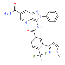 ChemSpider 2D Image | 3-{[3-(1-Methyl-1H-pyrazol-3-yl)-4-(trifluoromethyl)benzoyl]amino}-2-phenyl-2H-pyrazolo[4,3-b]pyridine-6-carboxamide | C25H18F3N7O2