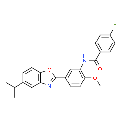 ChemSpider 2D Image | 4-Fluoro-N-[5-(5-isopropyl-1,3-benzoxazol-2-yl)-2-methoxyphenyl]benzamide | C24H21FN2O3