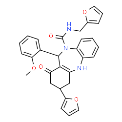 ChemSpider 2D Image | 3-(2-Furyl)-N-(2-furylmethyl)-11-(2-methoxyphenyl)-1-oxo-1,2,3,4,5,11-hexahydro-10H-dibenzo[b,e][1,4]diazepine-10-carboxamide | C30H27N3O5