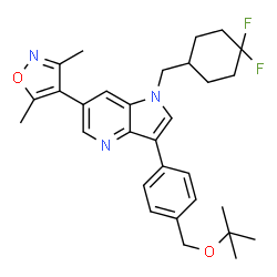 ChemSpider 2D Image | 1-[(4,4-Difluorocyclohexyl)methyl]-6-(3,5-dimethyl-1,2-oxazol-4-yl)-3-(4-{[(2-methyl-2-propanyl)oxy]methyl}phenyl)-1H-pyrrolo[3,2-b]pyridine | C30H35F2N3O2