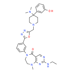 ChemSpider 2D Image | 6-[3-(5-{[4-(Dimethylamino)-4-(3-hydroxyphenyl)-1-piperidinyl]methyl}-1,3,4-oxadiazol-2-yl)phenyl]-2-(ethylamino)-9-methyl-6,7,8,9-tetrahydro-5H-pyrimido[4,5-e][1,4]diazepin-5-one | C32H39N9O3