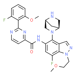 ChemSpider 2D Image | N-{4-[(1S,4S)-2,5-Diazabicyclo[2.2.1]hept-2-yl]-7-fluoro-1-(2-methoxyethyl)-1H-indazol-5-yl}-2-(2-fluoro-6-methoxyphenyl)-4-pyrimidinecarboxamide | C27H27F2N7O3