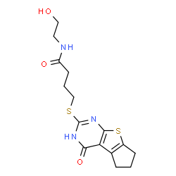 ChemSpider 2D Image | N-(2-Hydroxyethyl)-4-[(4-oxo-3,5,6,7-tetrahydro-4H-cyclopenta[4,5]thieno[2,3-d]pyrimidin-2-yl)sulfanyl]butanamide | C15H19N3O3S2