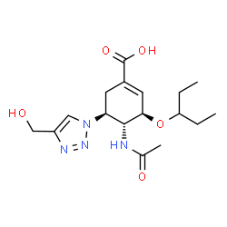 ChemSpider 2D Image | (3R,4R,5S)-4-Acetamido-5-[4-(hydroxymethyl)-1H-1,2,3-triazol-1-yl]-3-(3-pentanyloxy)-1-cyclohexene-1-carboxylic acid | C17H26N4O5