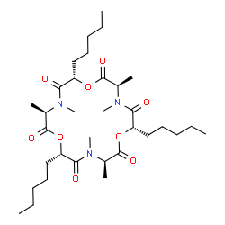 ChemSpider 2D Image | (3R,6S,9R,12S,15R,18S)-3,4,9,10,15,16-Hexamethyl-6,12,18-tripentyl-1,7,13-trioxa-4,10,16-triazacyclooctadecane-2,5,8,11,14,17-hexone | C33H57N3O9
