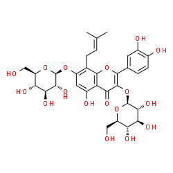 ChemSpider 2D Image | 2-(3,4-Dihydroxyphenyl)-3-(beta-D-glucopyranosyloxy)-5-hydroxy-8-(3-methyl-2-buten-1-yl)-4-oxo-4H-chromen-7-yl beta-D-glucopyranoside | C32H38O17