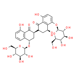 ChemSpider 2D Image | (2R,2'R,4S,4'S)-4'-(beta-D-Glucopyranosyloxy)-4,8,8'-trihydroxy-1,1'-dioxo-1,1',2,2',3,3',4,4'-octahydro-2,2'-binaphthalen-5-yl beta-D-glucopyranoside | C32H38O17