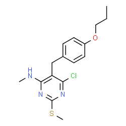ChemSpider 2D Image | 6-Chloro-N-methyl-2-(methylsulfanyl)-5-(4-propoxybenzyl)-4-pyrimidinamine | C16H20ClN3OS