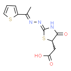 ChemSpider 2D Image | [(2Z)-4-Oxo-2-{(2E)-[1-(2-thienyl)ethylidene]hydrazono}-1,3-thiazolidin-5-yl]acetic acid | C11H11N3O3S2
