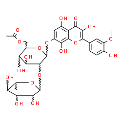 ChemSpider 2D Image | 3,5,8-Trihydroxy-2-(4-hydroxy-3-methoxyphenyl)-4-oxo-4H-chromen-7-yl 6-O-acetyl-2-O-(6-deoxyhexopyranosyl)hexopyranoside | C30H34O18