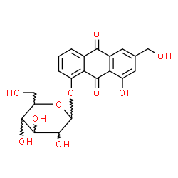 ChemSpider 2D Image | 8-Hydroxy-6-(hydroxymethyl)-9,10-dioxo-9,10-dihydro-1-anthracenyl hexopyranoside | C21H20O10