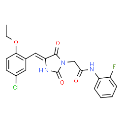 ChemSpider 2D Image | 2-[(4Z)-4-(5-Chloro-2-ethoxybenzylidene)-2,5-dioxo-1-imidazolidinyl]-N-(2-fluorophenyl)acetamide | C20H17ClFN3O4