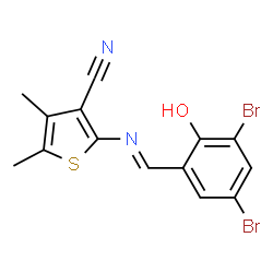 ChemSpider 2D Image | 2-[(E)-(3,5-Dibromo-2-hydroxybenzylidene)amino]-4,5-dimethyl-3-thiophenecarbonitrile | C14H10Br2N2OS