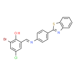 ChemSpider 2D Image | 2-[(E)-{[4-(1,3-Benzothiazol-2-yl)phenyl]imino}methyl]-6-bromo-4-chlorophenol | C20H12BrClN2OS