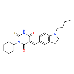 ChemSpider 2D Image | (5E)-5-[(1-Butyl-2,3-dihydro-1H-indol-5-yl)methylene]-1-cyclohexyl-2-thioxodihydro-4,6(1H,5H)-pyrimidinedione | C23H29N3O2S